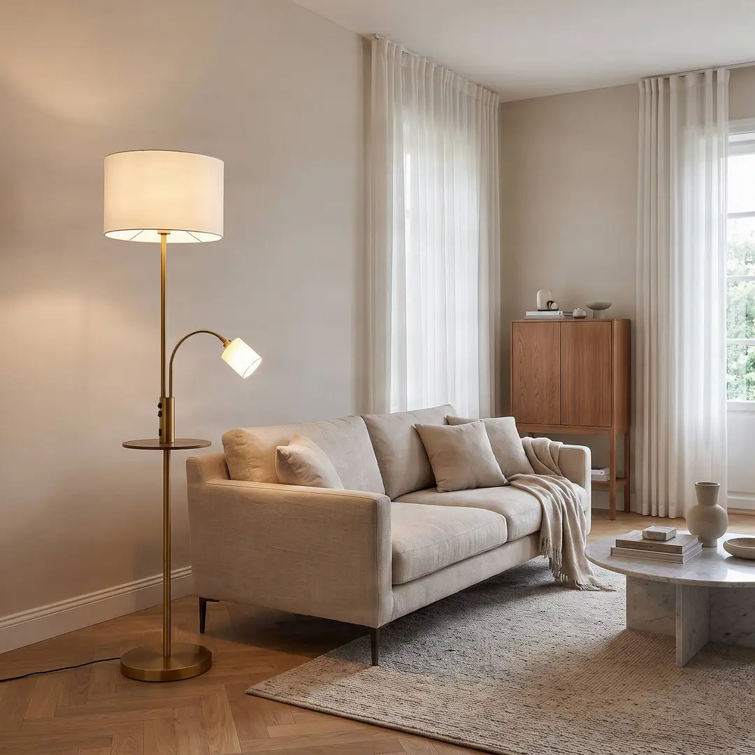 Lindby Stehlampe Aovan, bronzefarben, Ablage, USB-Anschluss
