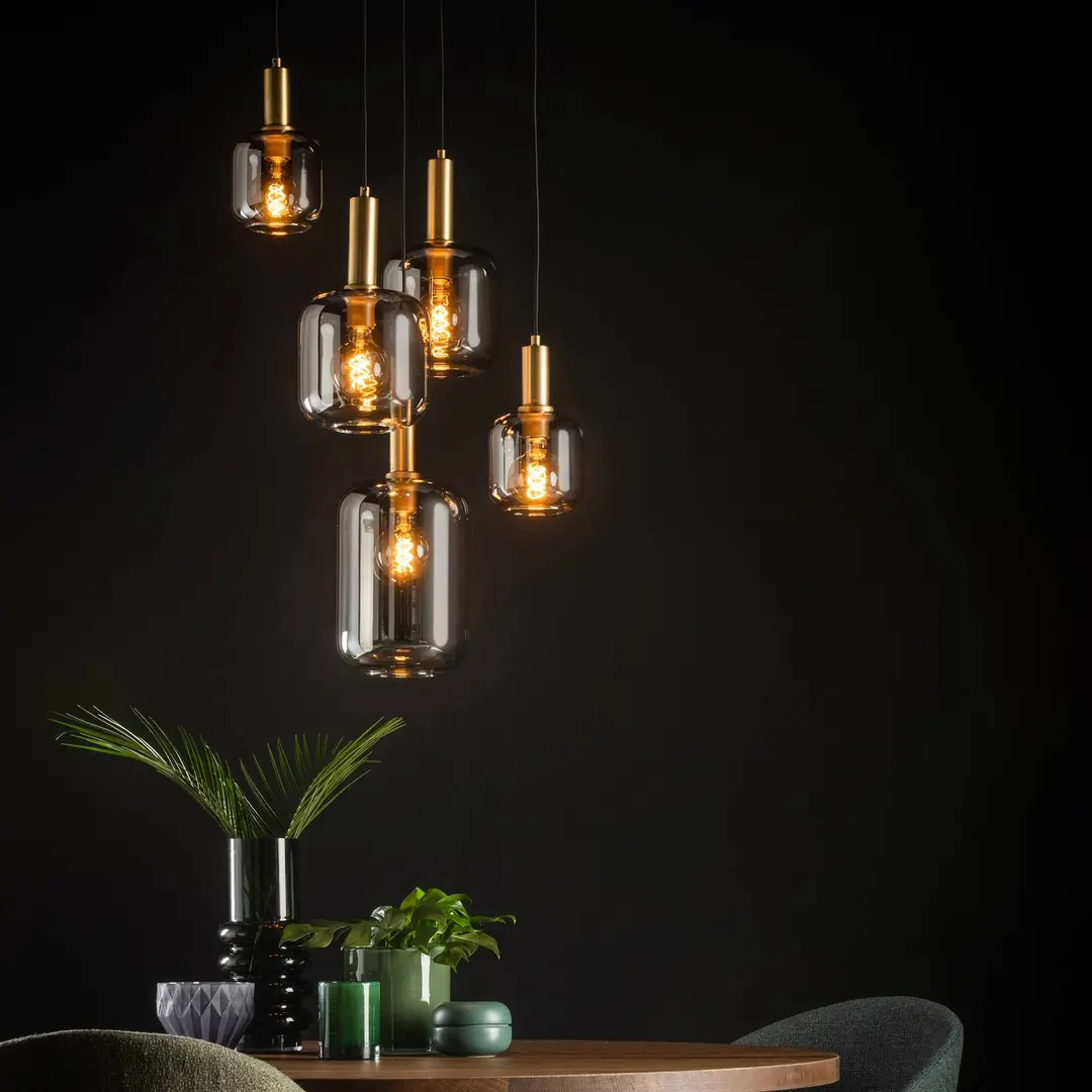 Lucide Hängelampe Joanet mit Rauchglas, fünfflammig