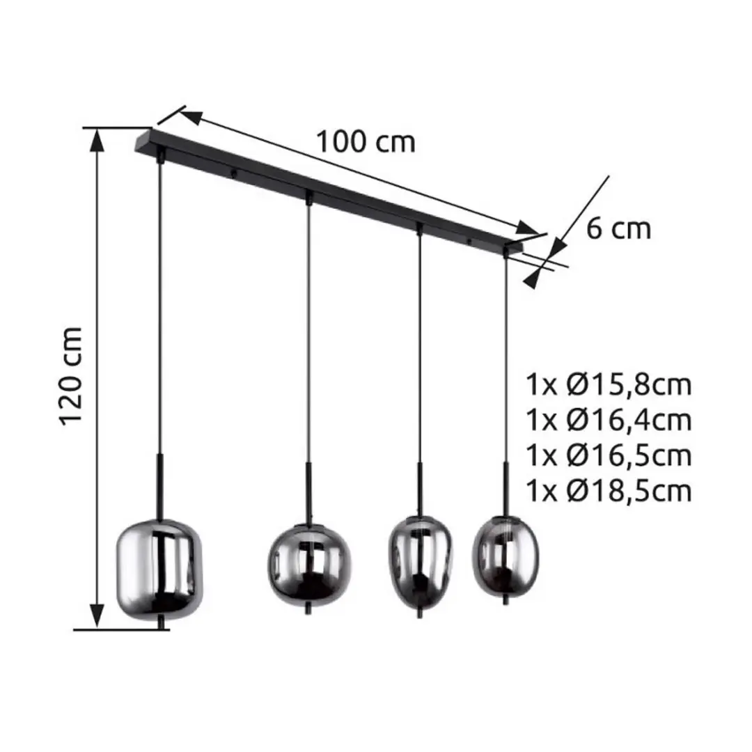 Globo Hängelampe Blacky, schwarz/rauchgrau, Länge 110 cm, 4-flg.