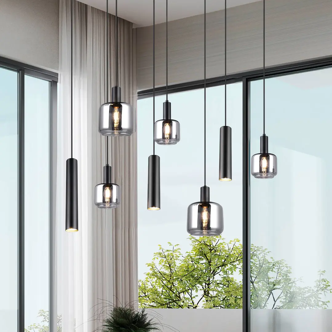 Trio Lighting Hängelampe Mataro, chrom/schwarz, 118 cm, 8-flg. Glas/Metall