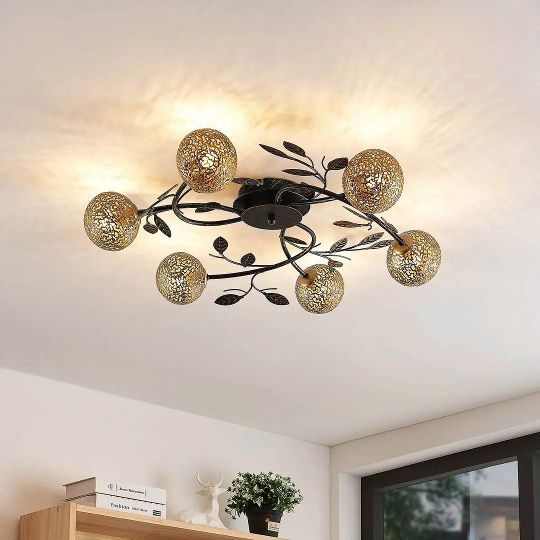 Lucande Deckenlampe Evory, Ø 67 cm, 6-flg., schwarz/gold, G9