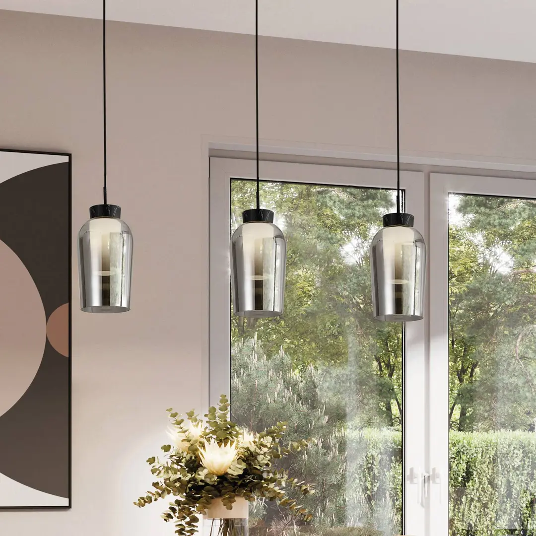 Mantra Iluminación Hängeleuchte Nora, schwarz, chrom, 3-flammig, Balken, Glas