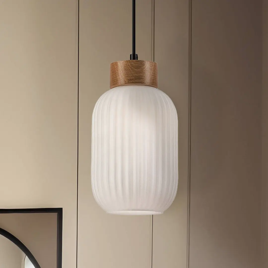 Lamkur Hängeleuchte Harmony, Ø 14 cm, weiß/eiche, Glas/Holz