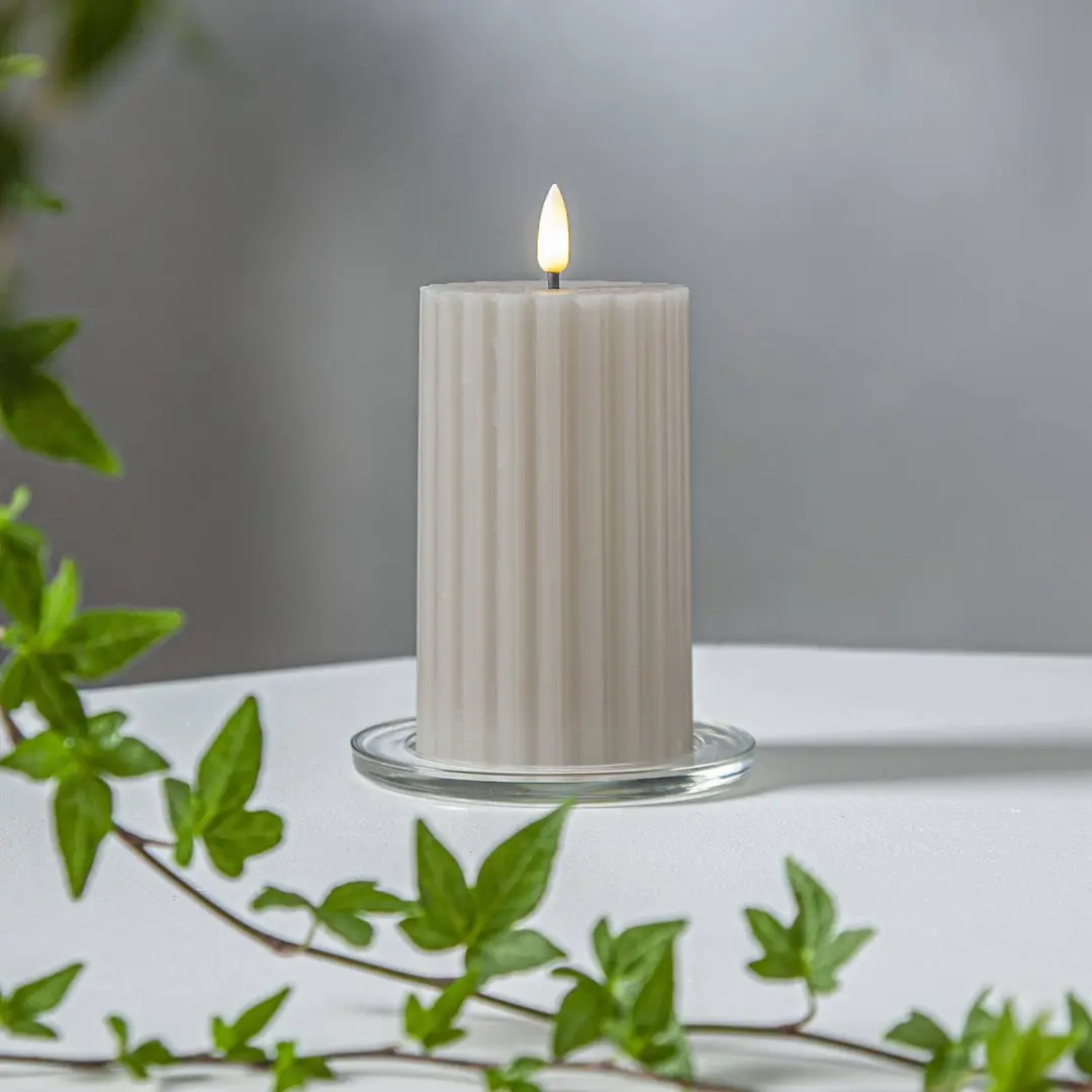 STAR TRADING LED-Kerze Flamme Stripe beige 15cm Echtwachs Batteriebetrieb