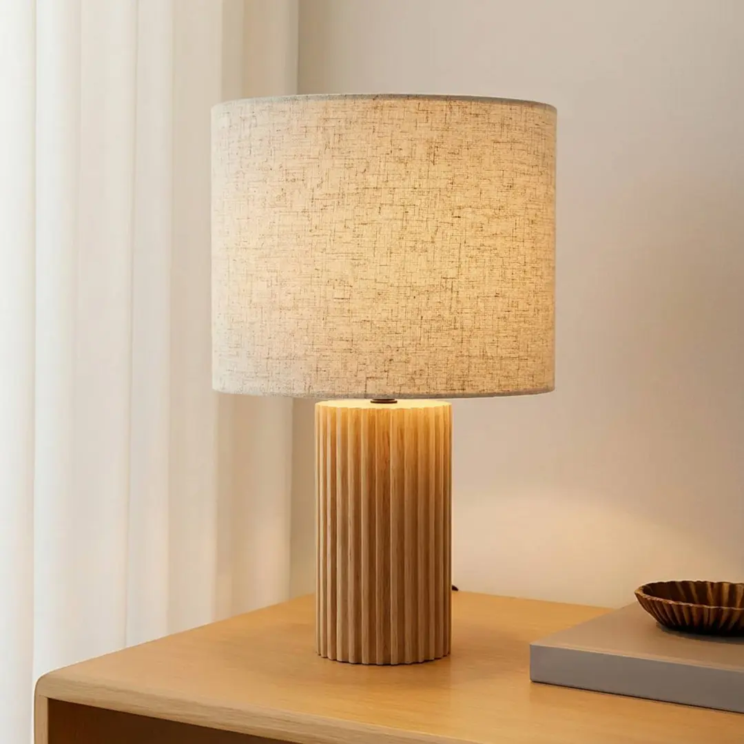 Lindby Tischleuchte Kimiko, Höhe 38 cm, Holz, Textil