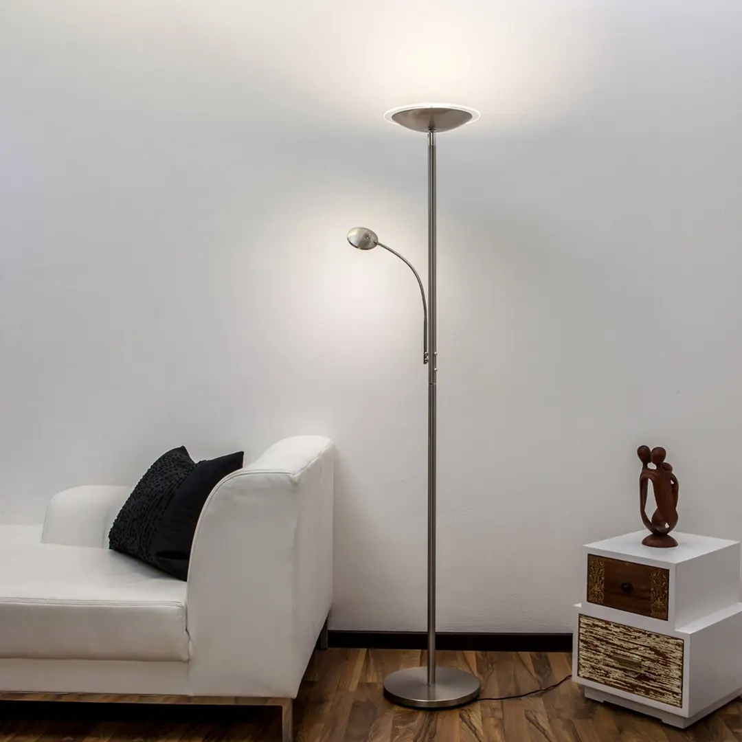 Lindby LED-Stehlampe Malea, nickel, Leselampe, dimmbar