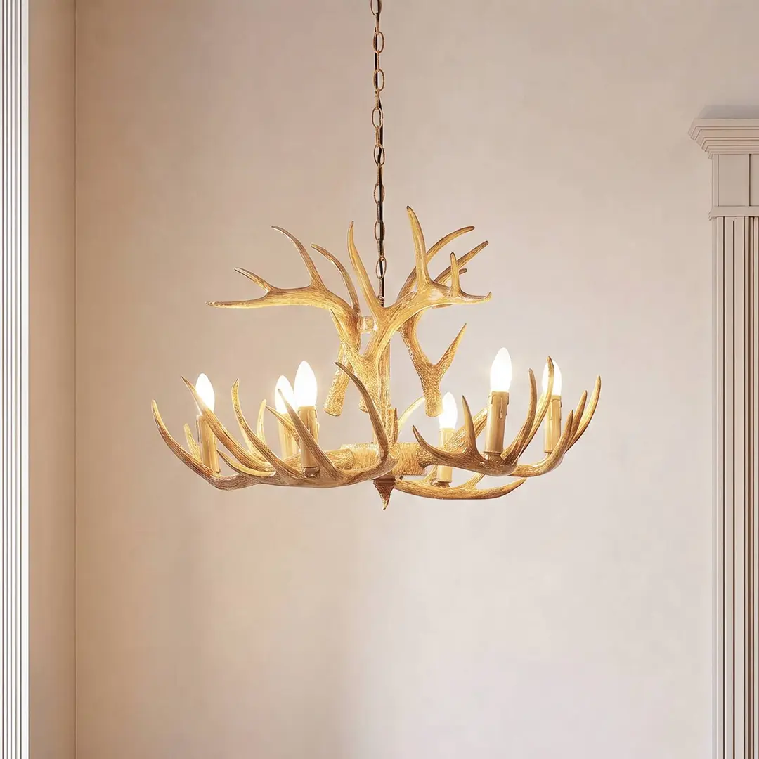 Lindby Hängeleuchte Fibi, braun, Geweih, 6-flammig E14