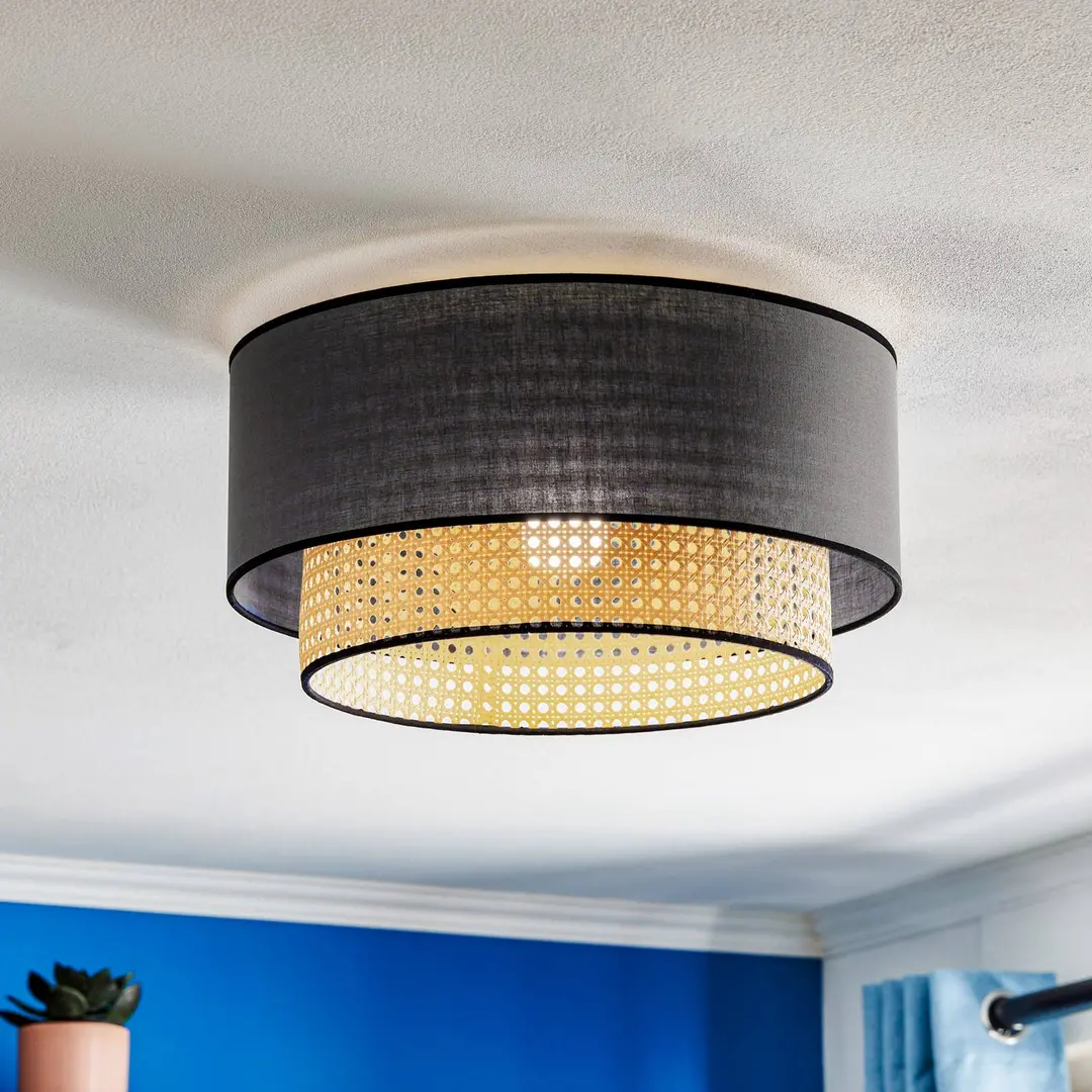 Duolla Deckenlampe Boho, schwarz/holz, Ø 45 cm, Textil/Rattan