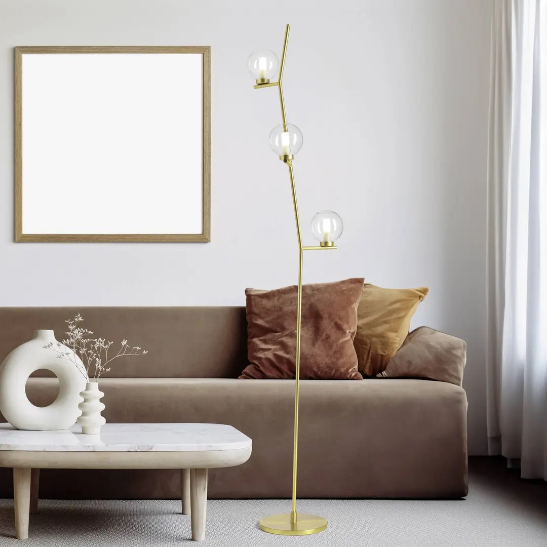 miloox by Sforzin Stehleuchte Camely, gold gebürstet/klar, 3-flammig, Glas