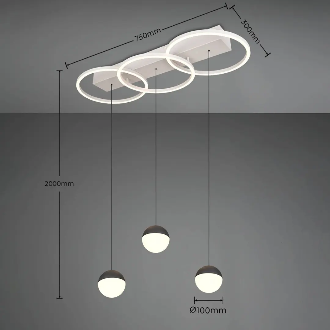 Reality Leuchten LED-Pendel Larino lang, hellgrau, Metall, CCT, Fernbedienung