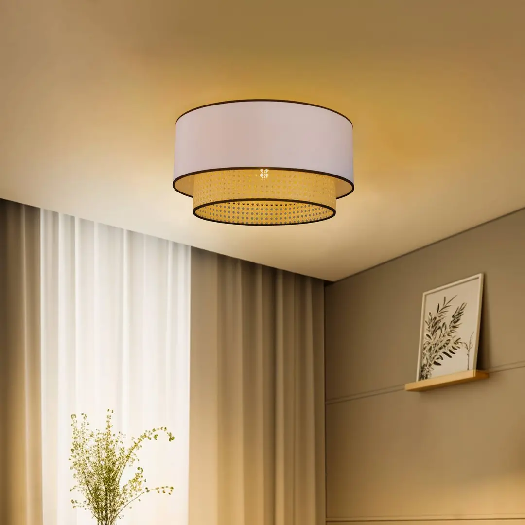 Duolla Deckenlampe Boho, weiß/holz/schwarz, Ø 45 cm, Textil/Rattan