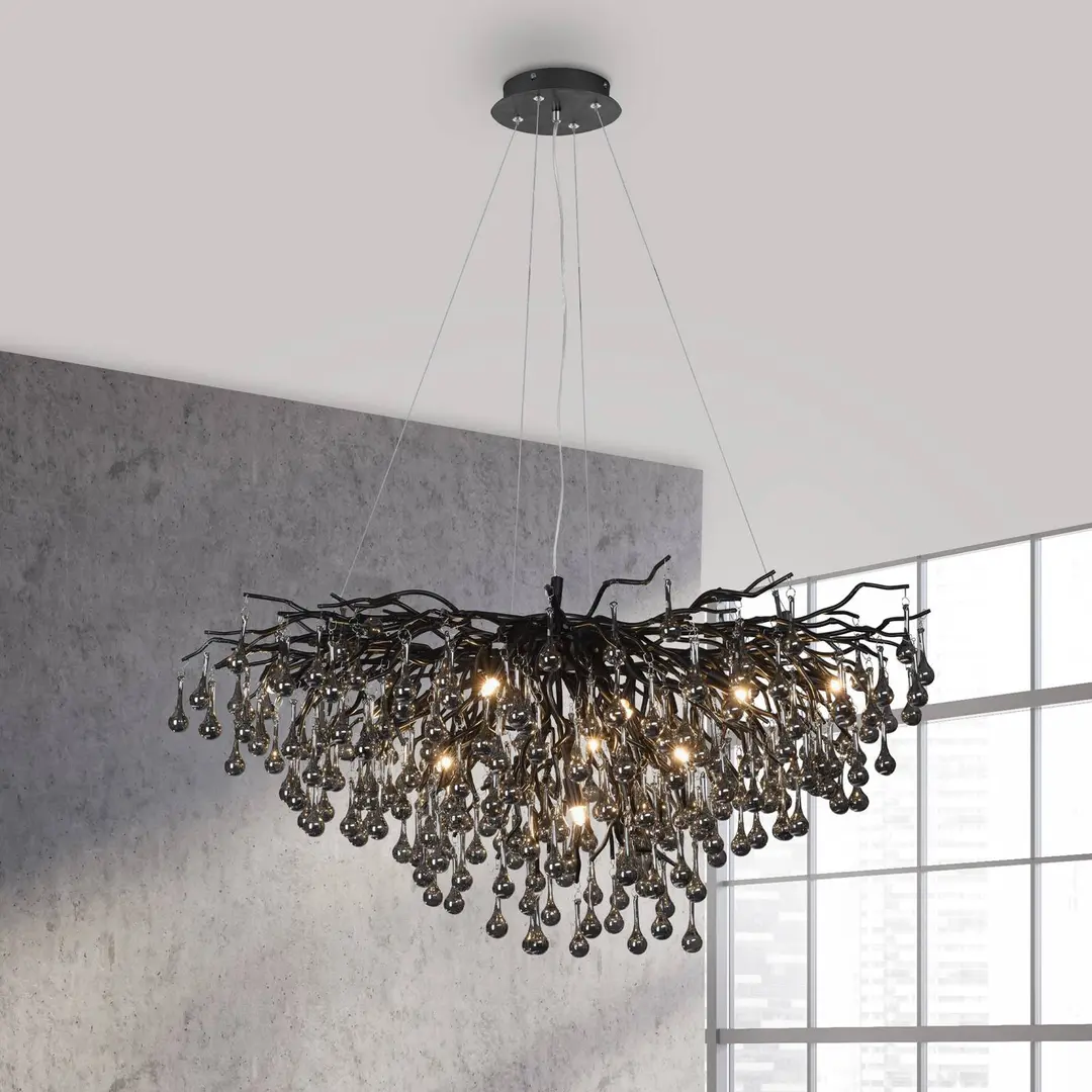 PAUL NEUHAUS Kronleuchter Icicle, schwarz, Glasbehang, Länge 100 cm