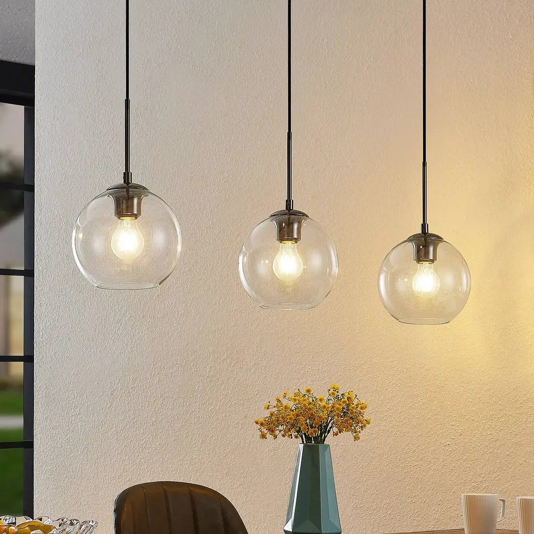 Lindby Hängelampe Firano, 110 cm, 3-flg., anthrazit, Glas