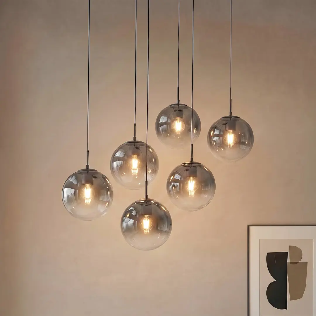Lucande Hängeleuchte Veloura, 6-flammig, 100 cm, Glas, Holz