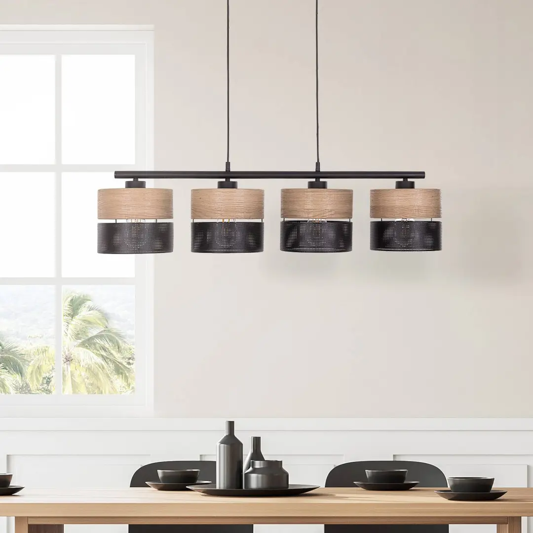 TK Lighting Hängelampe Nicol, schwarz/Holzoptik, 94x20 cm 4-flg. 4 x E27