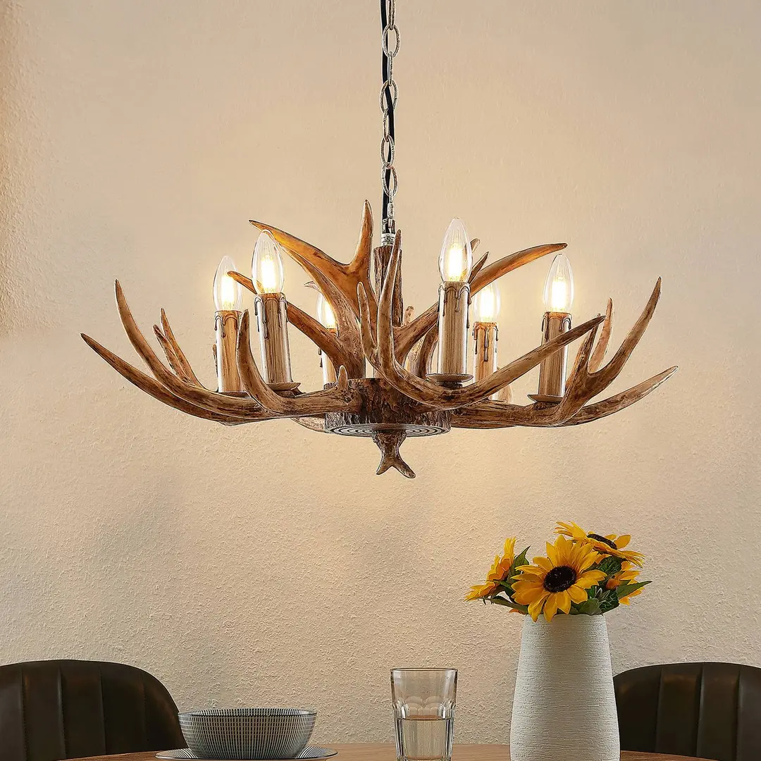 Lindby Hängelampe Tejask, Ø 70 cm, 6-flammig, Geweih, E14