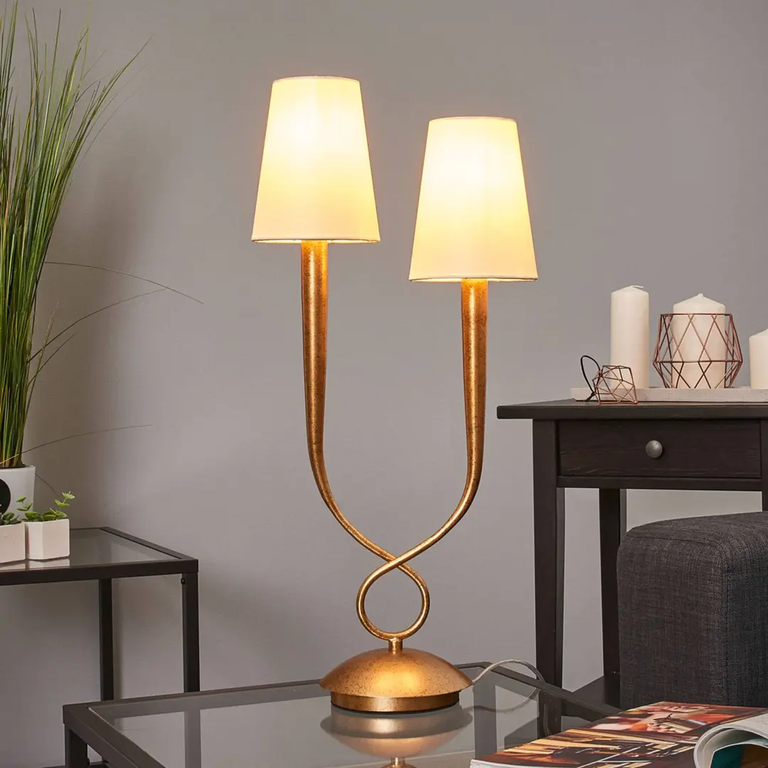 Mantra Iluminación Tischleuchte Paola 2fl gold mit Textilschirmen