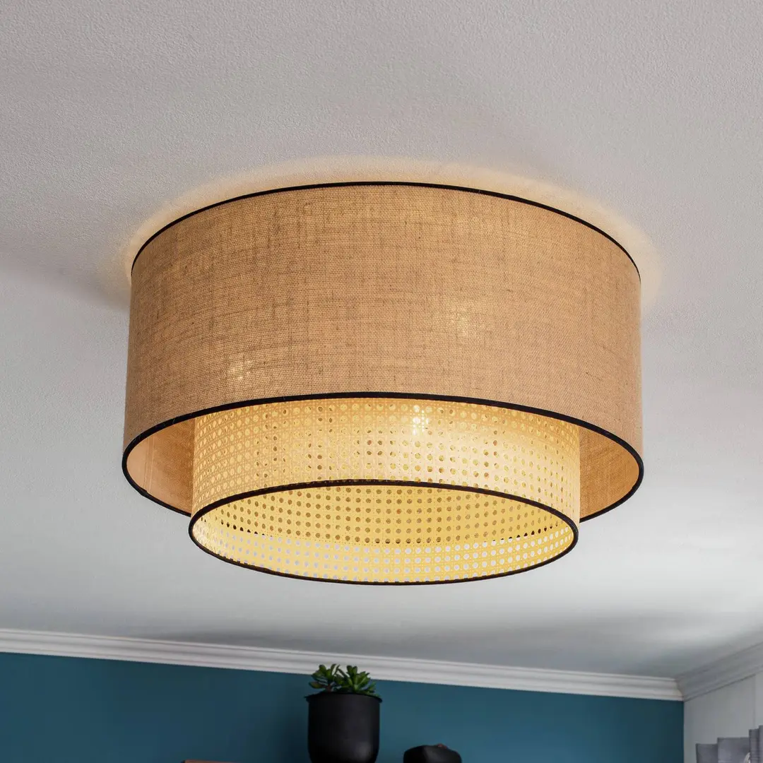 Duolla Deckenlampe Boho, braun/holz/schwarz, Ø 60 cm, Textil/Rattan