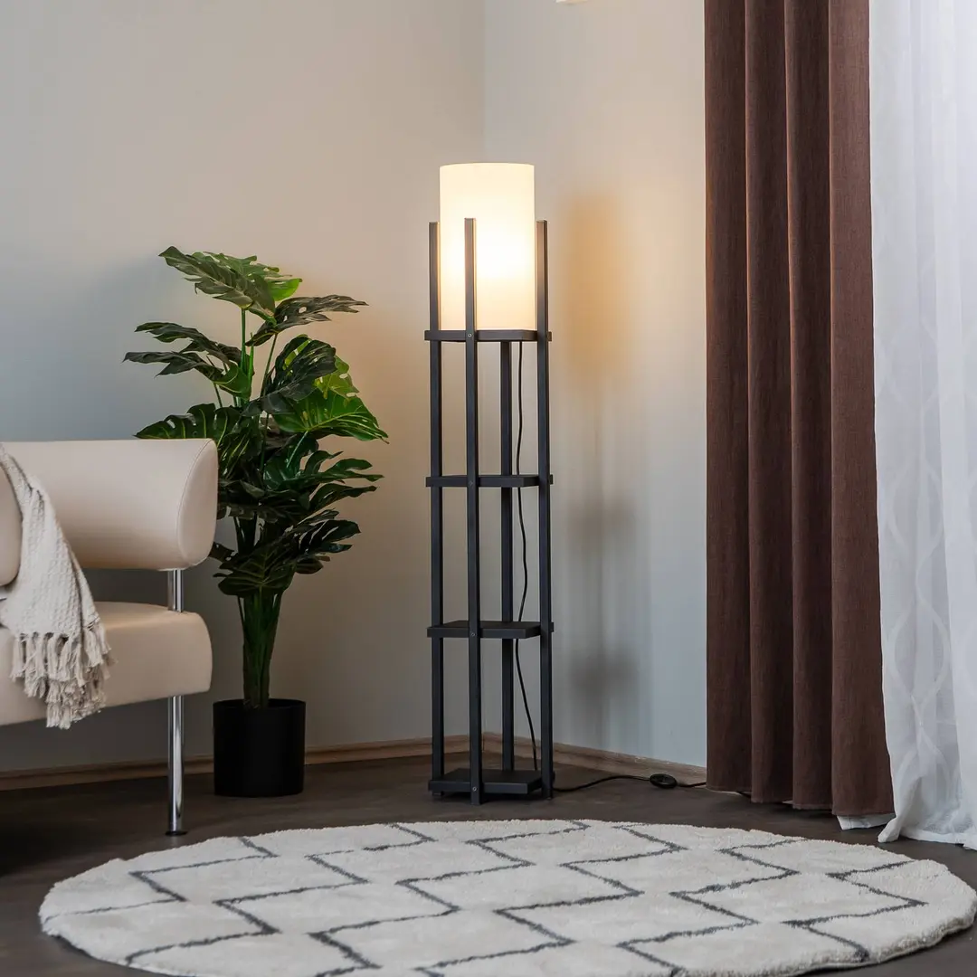 Opviq Stehlampe 8111 schwarz, Ablage, Stoffschirm weiß