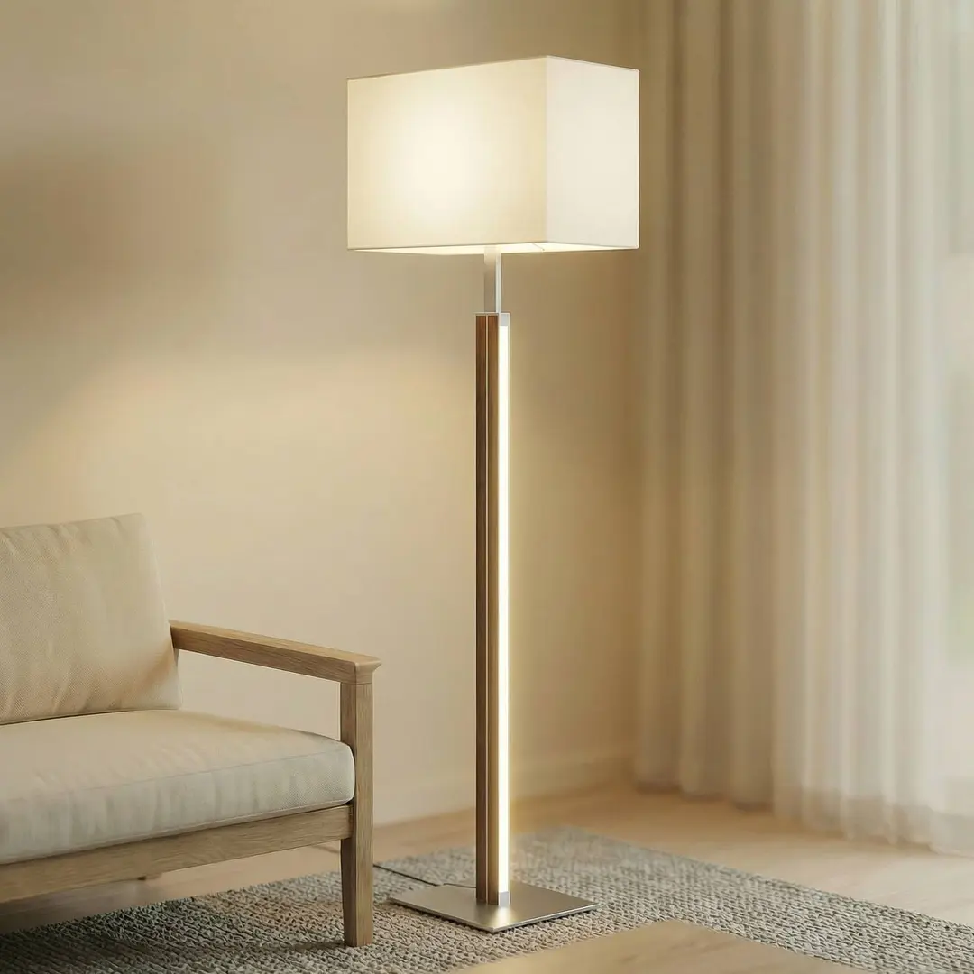 Quitani LED-Stehlampe Lisene, walnuss/silber/natur 162cm dim