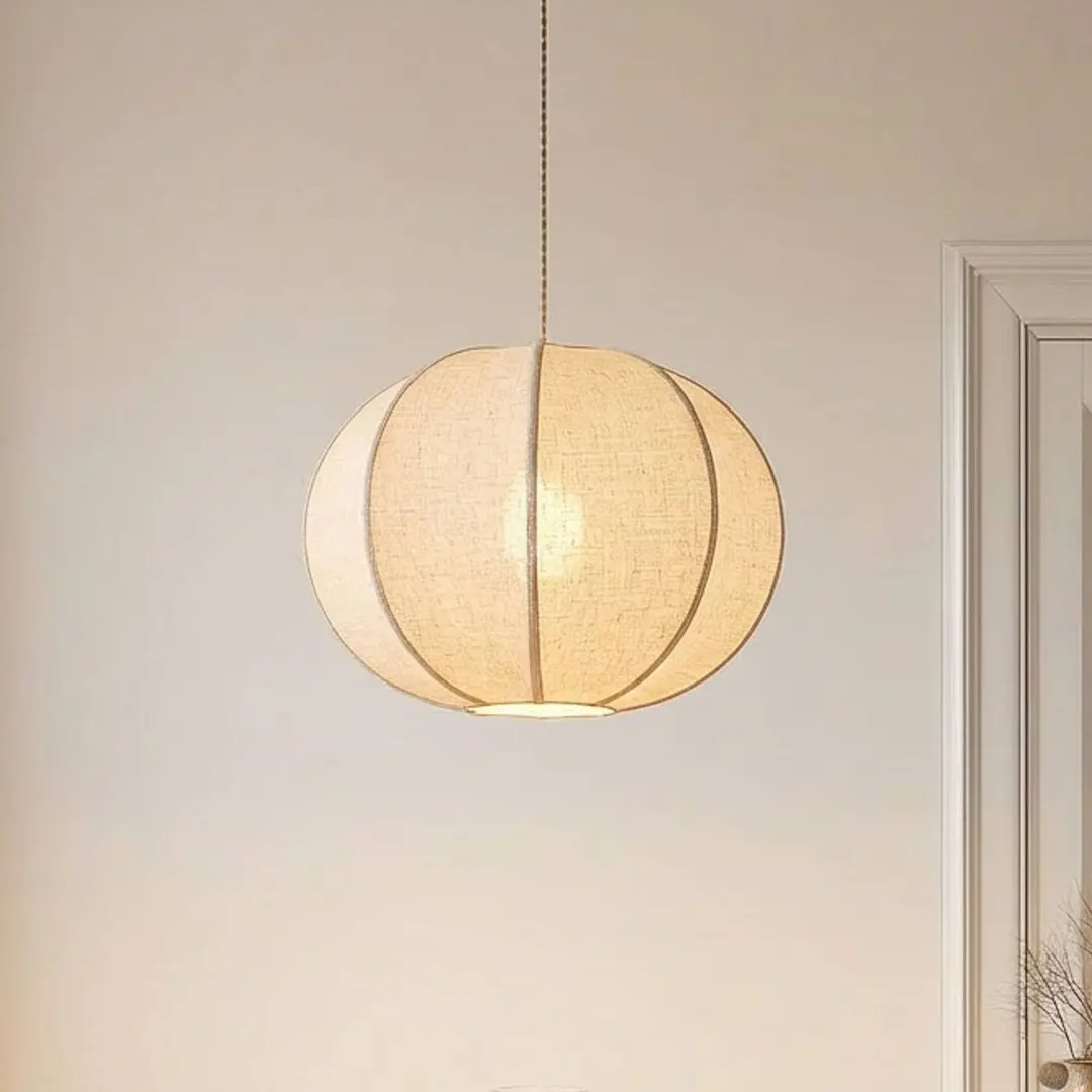 Lindby Hängeleuchte Elfie, Ø 47 cm, beige, Leinen, E27