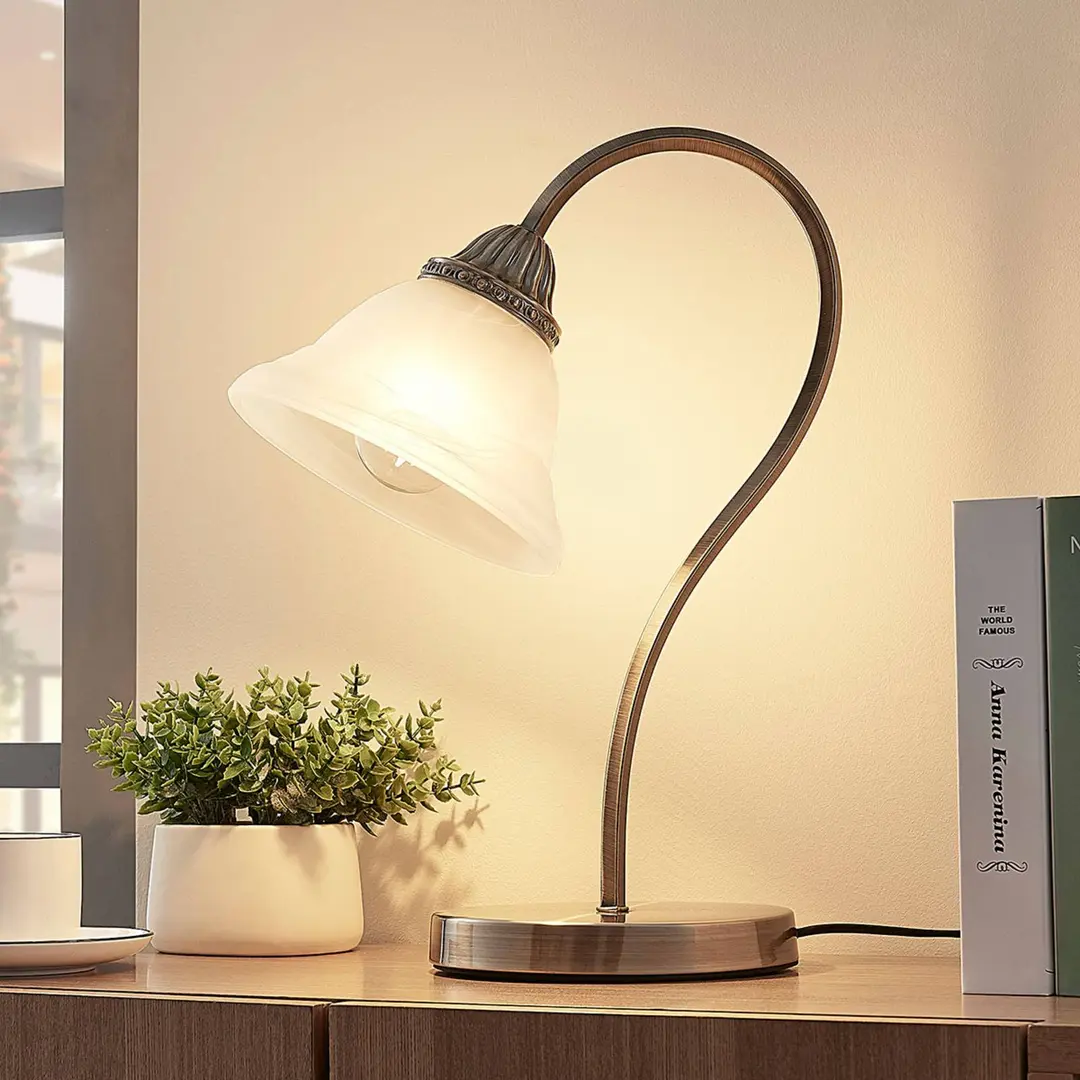 Lindby Tischleuchte Mialina, 42 cm, weiß, Glas, Metall