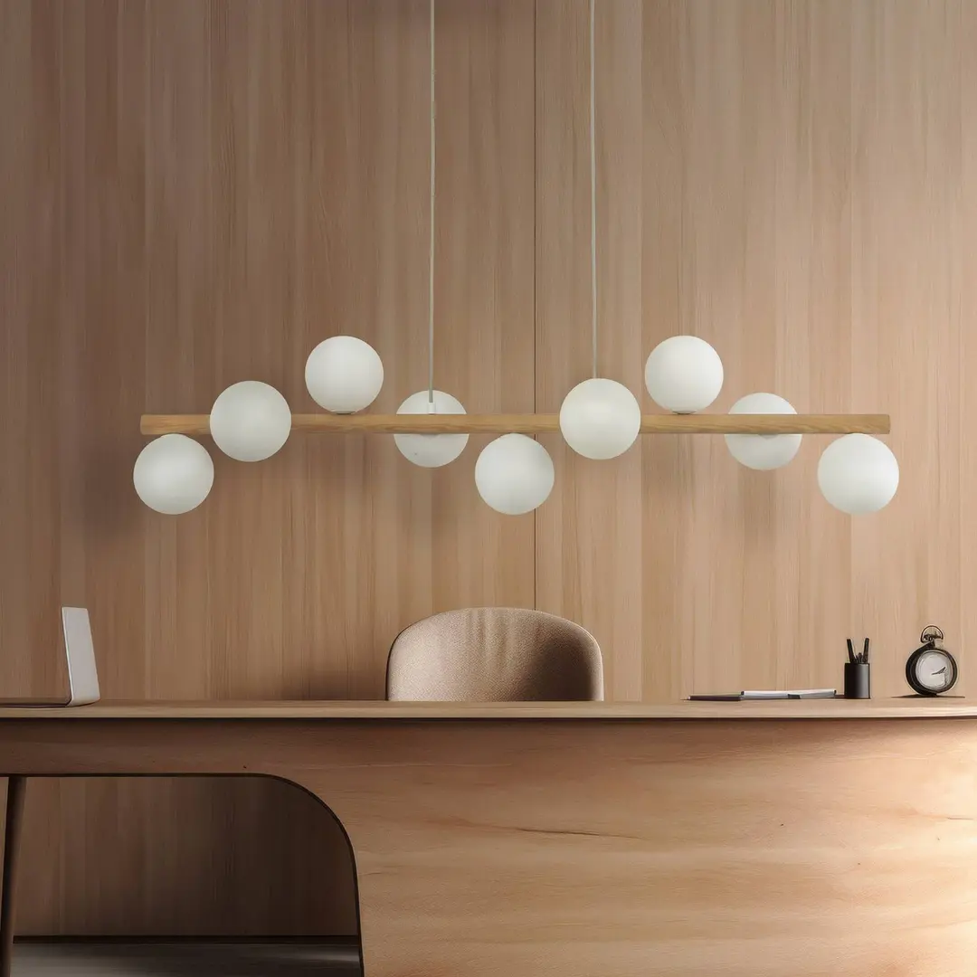 TK Lighting Hängeleuchte Estera, Opalglas, Holz, neunflammig