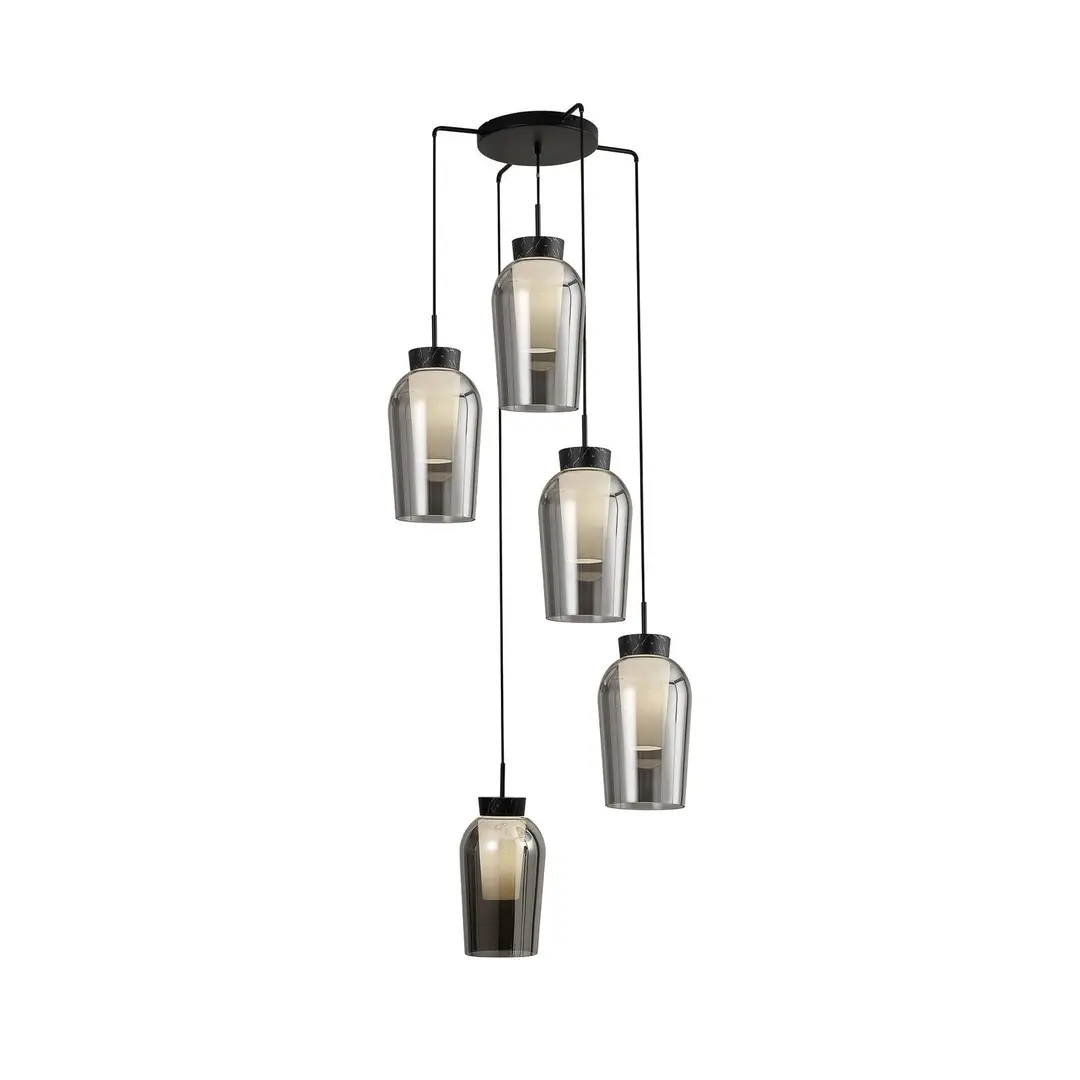 Mantra Iluminación Pendelleuchte Nora, schwarz, chrom, 5-flammig, rund, Glas