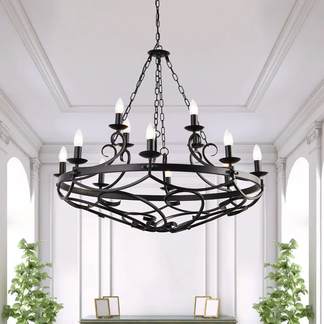 Searchlight Kronleuchter Cartwheel III, 12-flg., Ø 89cm, schwarz, Metall