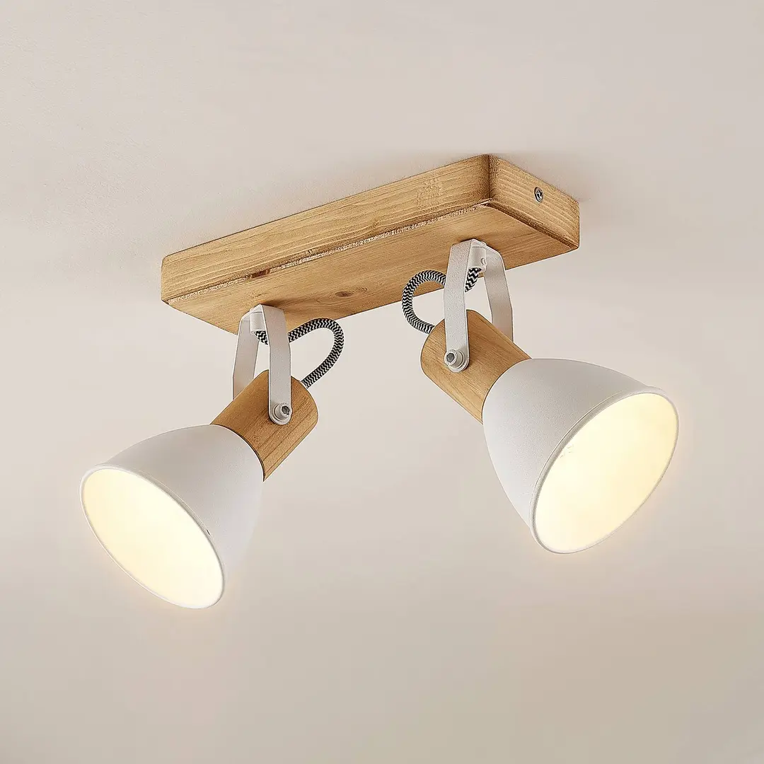 Lindby Deckenspot Merela, weiß, 28 cm, 2-flammig, Holz, E14