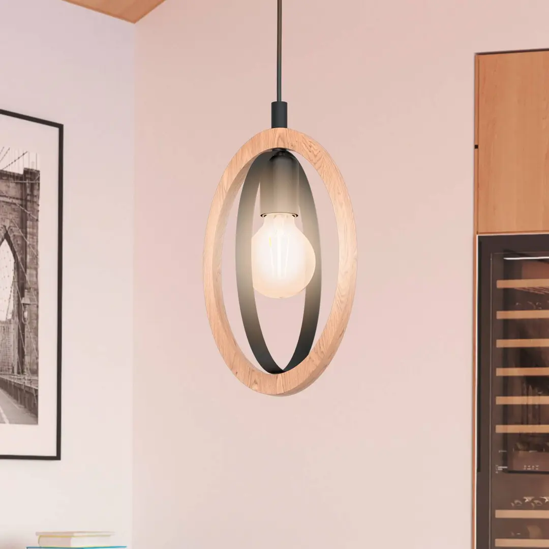 EGLO Pendelleuchte Basildon aus Holz/Stahl, einflammig