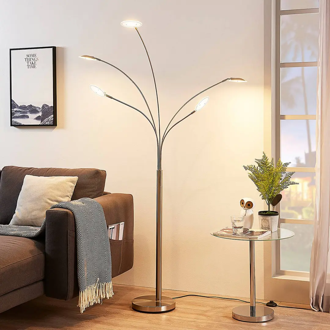 Lindby LED-Stehleuchte Anea, 179 cm, 5-flammig, nickelfarben
