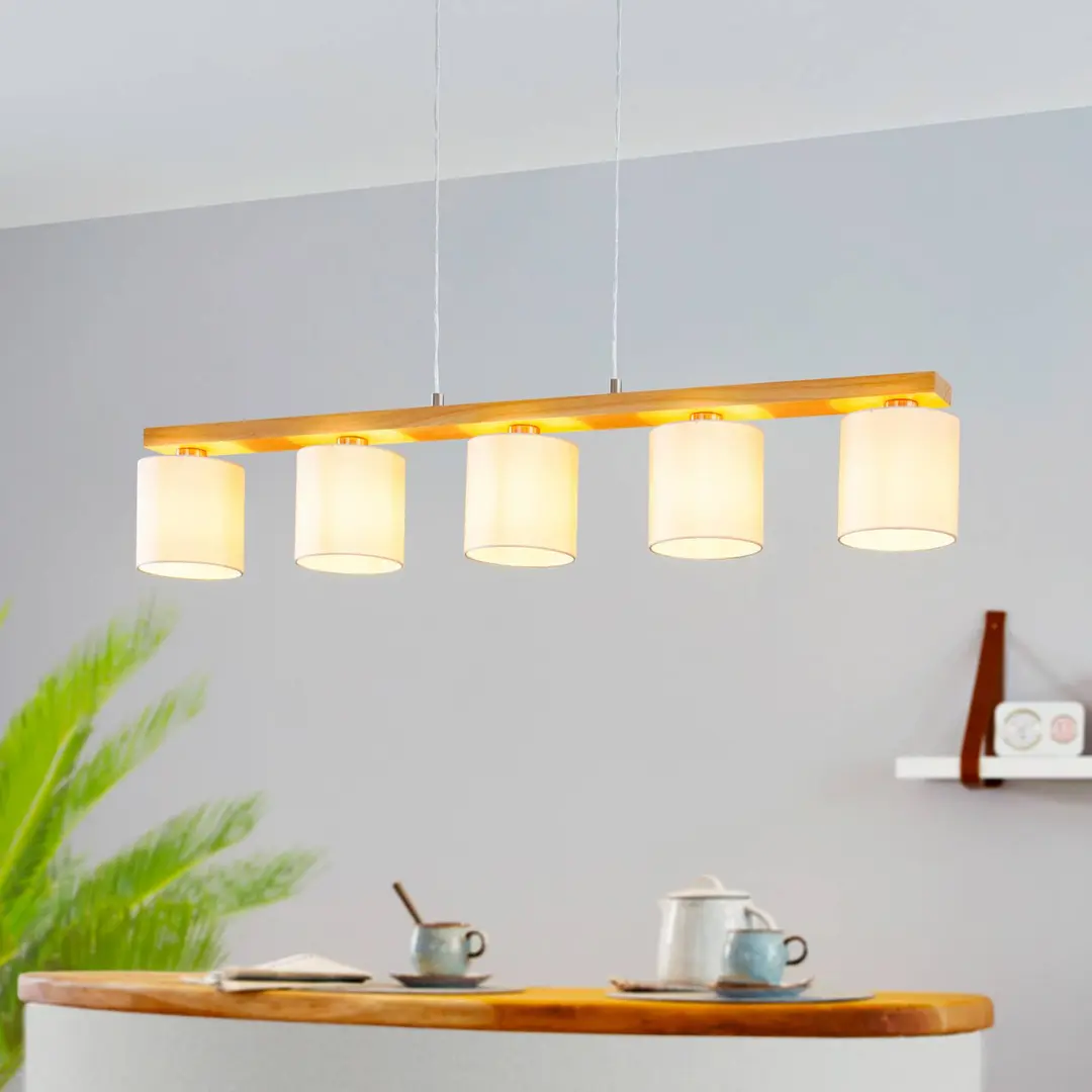 EGLO Hängelampe Castralvo, Länge 115 cm, holz/weiß, 5-flg., Stoff