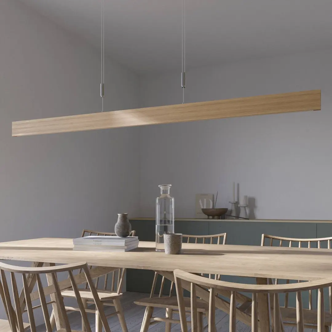 Quitani LED-Pendellampe Lise, Eiche hell, Länge 158 cm