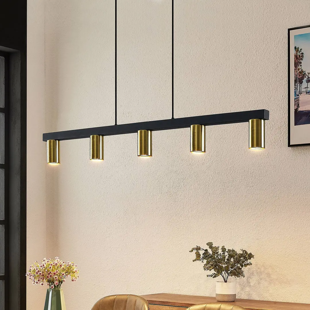Lindby Hängelampe Baliko, schwarz/messing, 5-flg, GU10