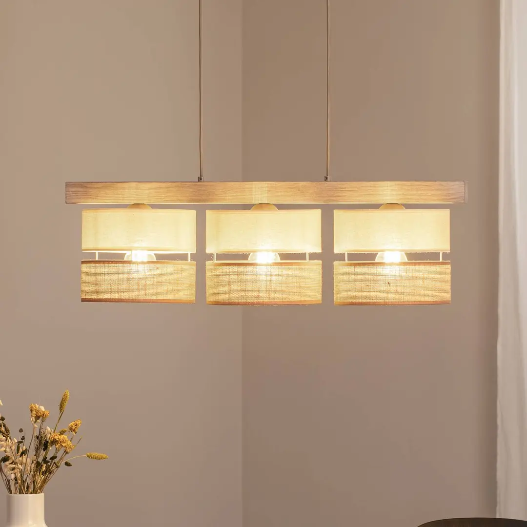 Duolla Hängeleuchte Treeon, 3-flammig, Holz, Jute, naturfarben/ecru