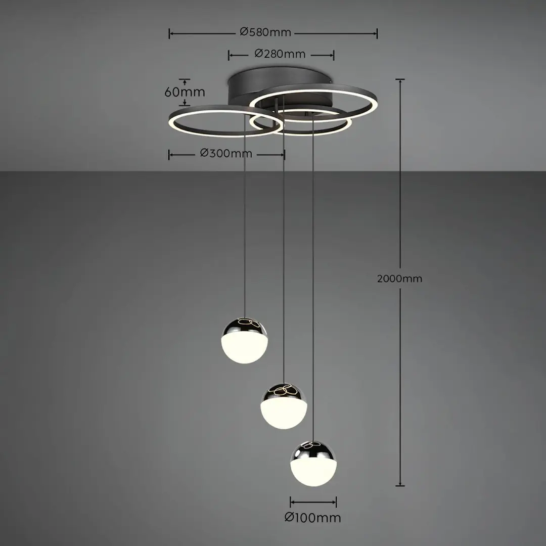 Reality Leuchten LED-Pendel Larino rund, schwarz, Metall, CCT, Fernbedienung