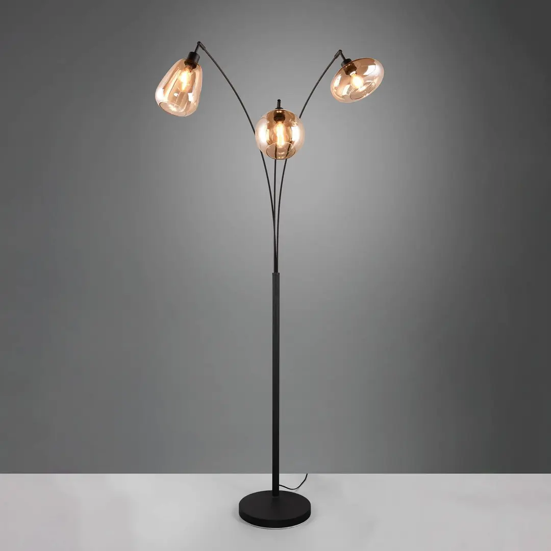 Trio Lighting Stehleuchte Lumina, 3-flammig, schwarz/amber, Glas