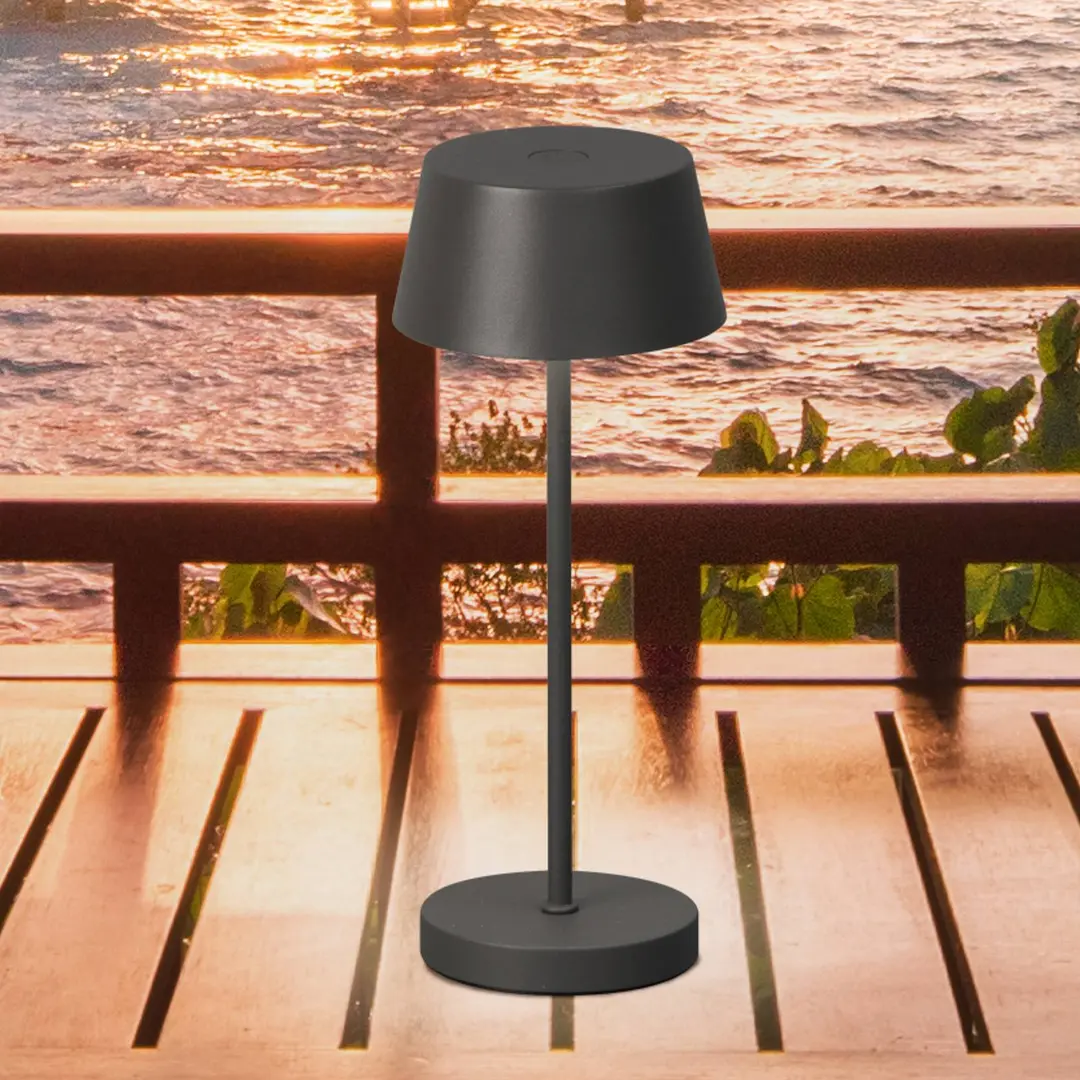 FH Lighting LED-Akku-Tischlampe Sienna Pro, sandgrau, 24 cm, Metall IP54