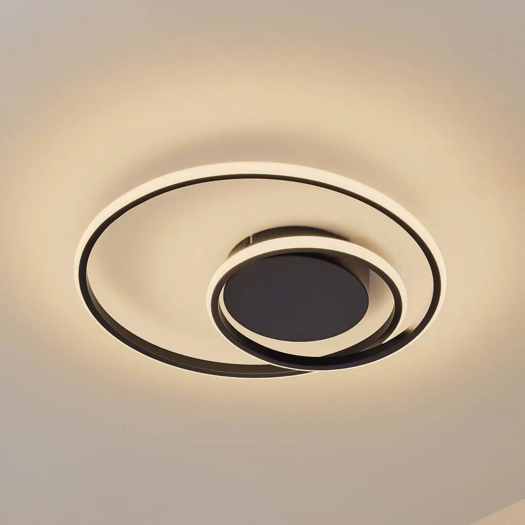 Lindby LED-Deckenleuchte Kyron, schwarz, Alu, dimmbar, Ø45cm