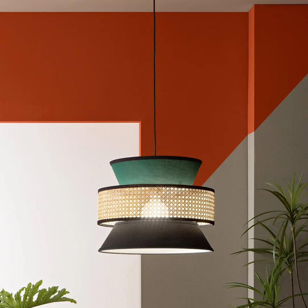 Luce Ambiente Design Hängelampe Gazebo, grün/schwarz/natur, Ø 40 cm, Stoff/Rattan