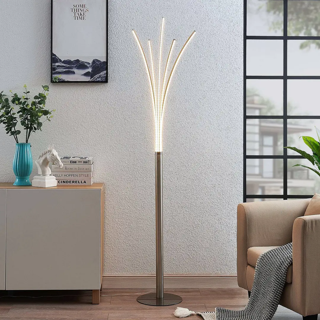 Lindby LED-Stehleuchte Boba, nickelfarben, Metall, 185 cm