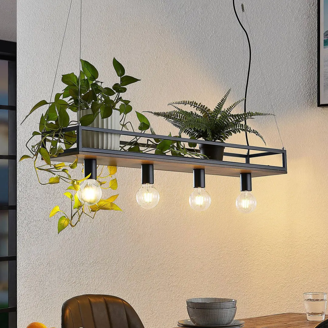 Lindby Hängelampe Kirista, 4-flg., schwarz/Holz, 100 cm, E27