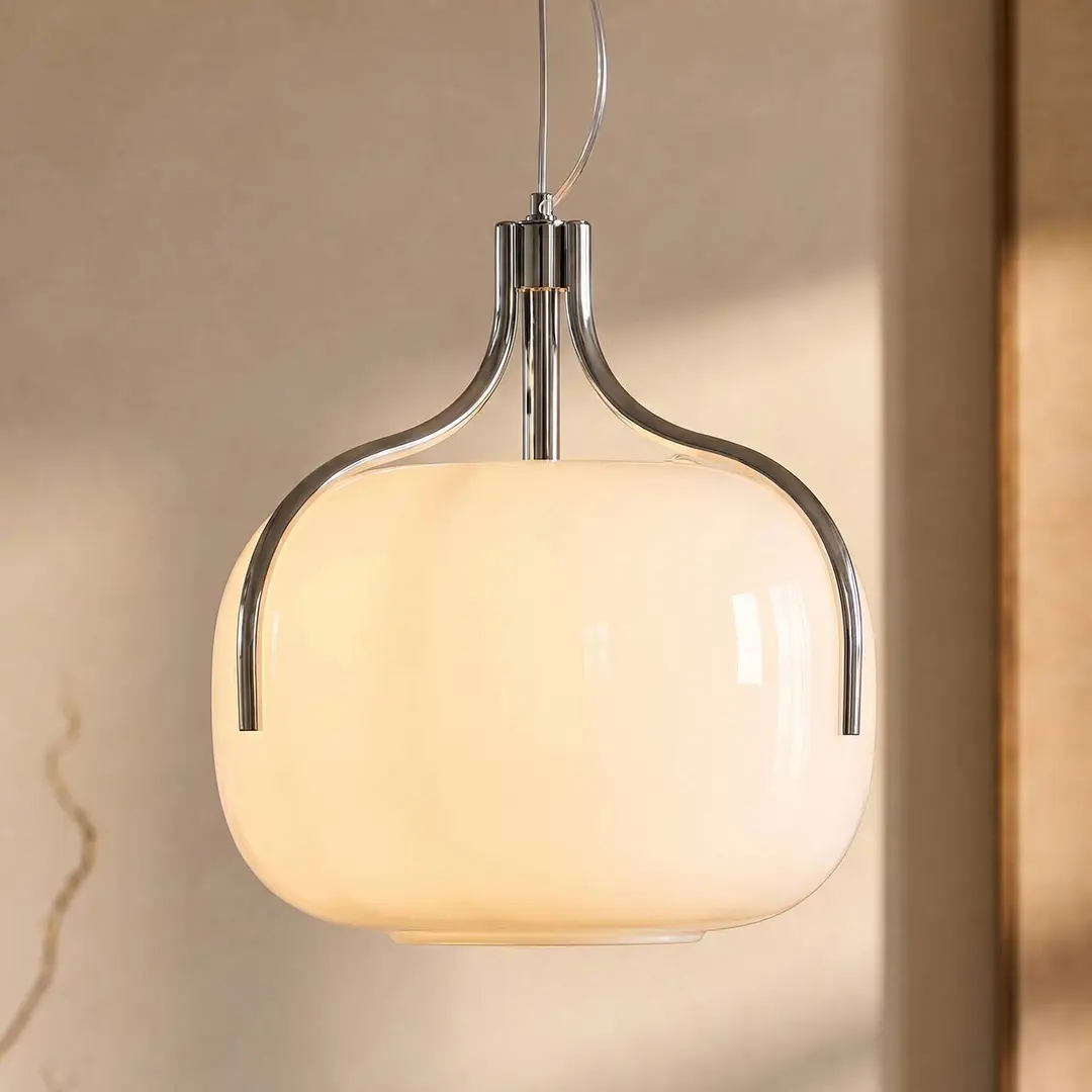 Lucande Hängeleuchte Christo, Ø 42 cm, chrom/weiß, Glas