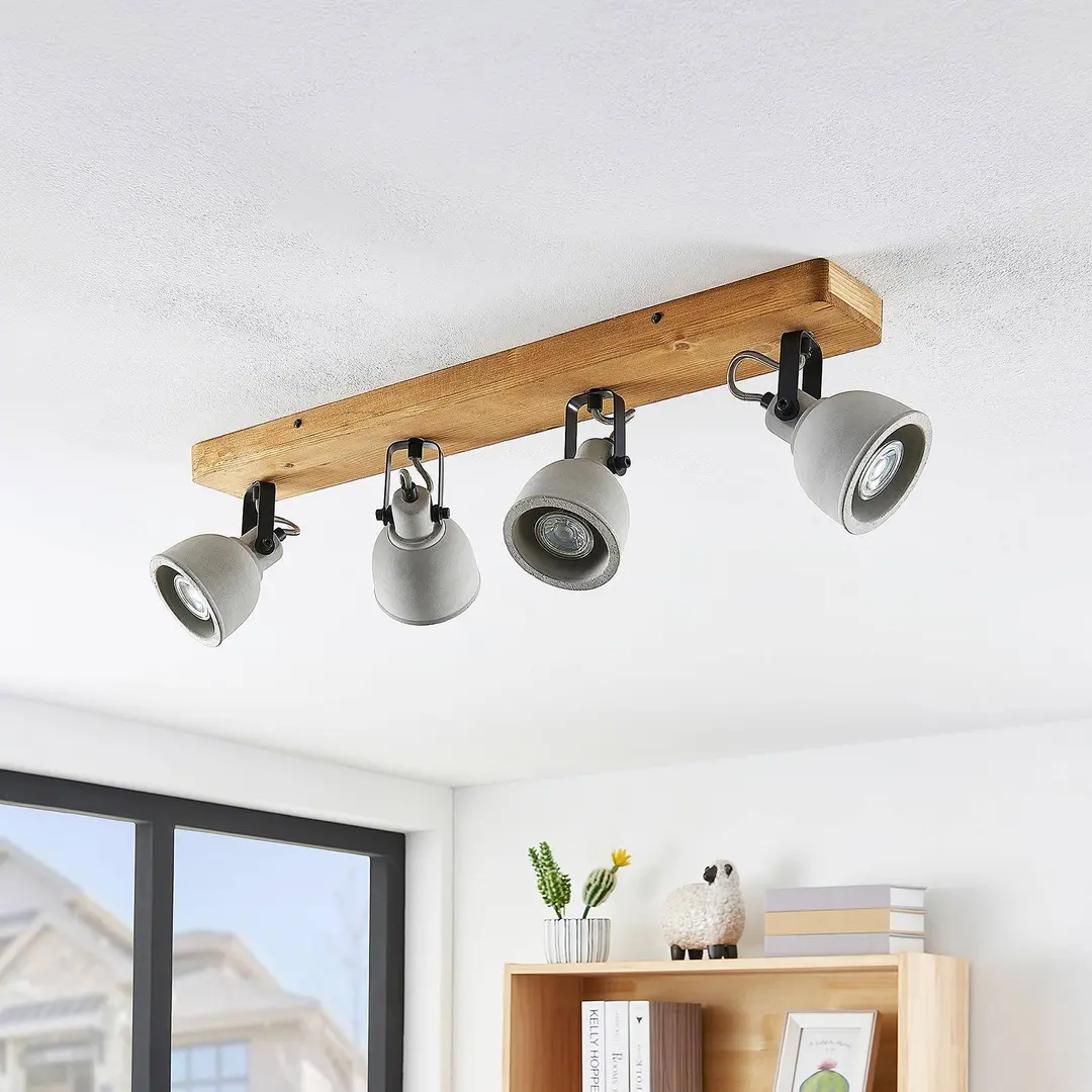 Lindby Spot Mitis, 70 cm, 4-flg., grau, Holz, Beton, GU10