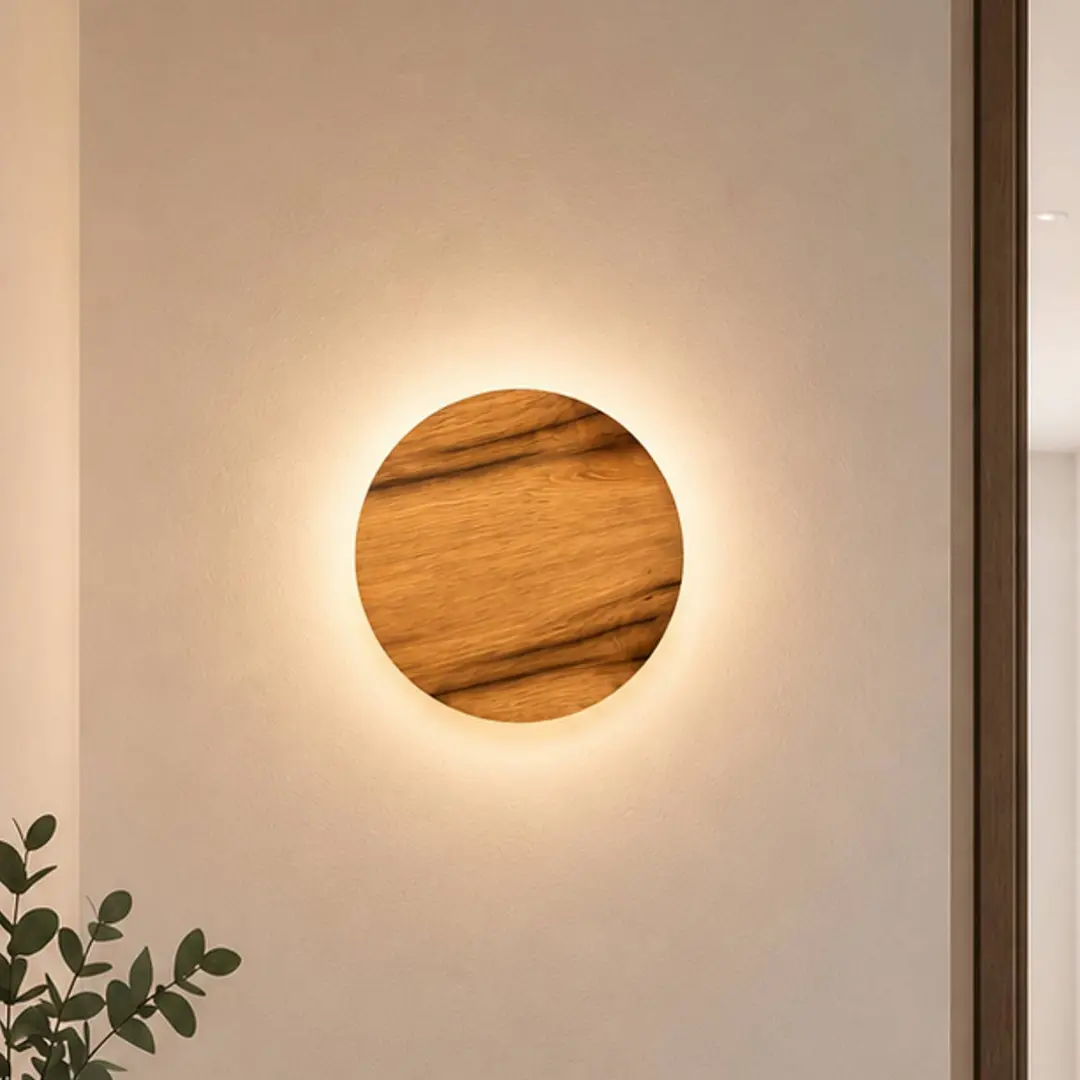Elobra LED-Wandleuchte Havana M, Asteiche/Metall, Ø 34 cm, IP44