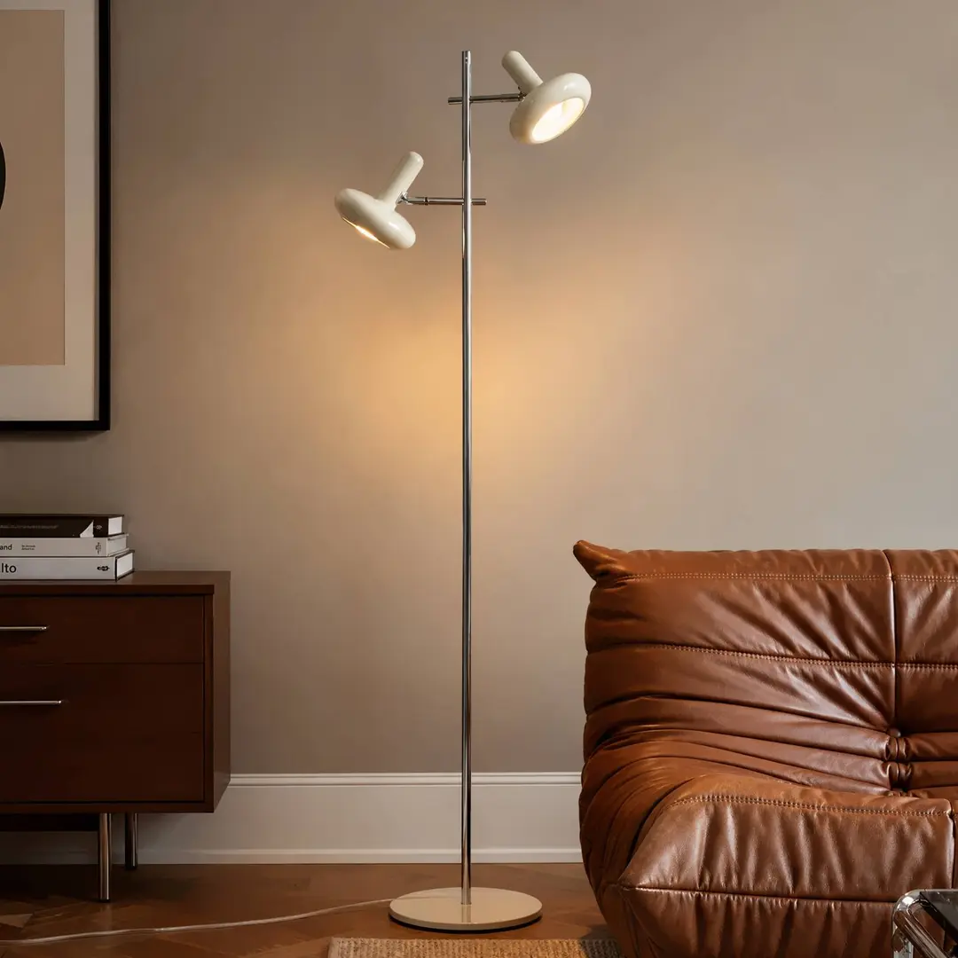 Lindby Stehleuchte Dylan, 2-flg., chrom/beige, 150 cm, E14