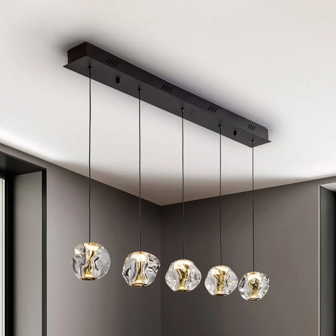 Schuller Valencia LED-Hängelampe Zaria, 5-fl., schwarz, klar, Metall, Acryl