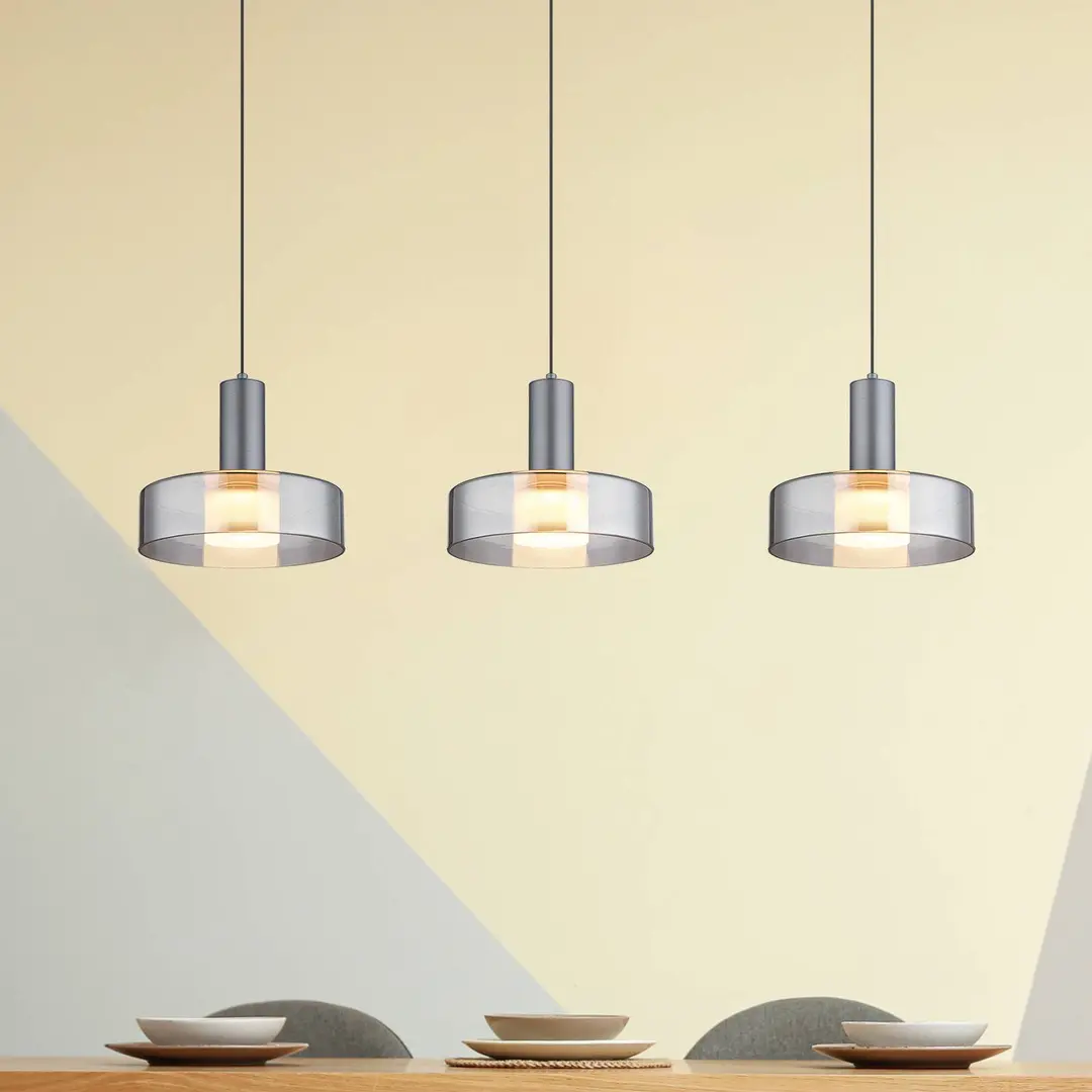 Globo LED-Hängelampe Grant, Länge 90 cm, rauchgrau, 3-flg., Glas