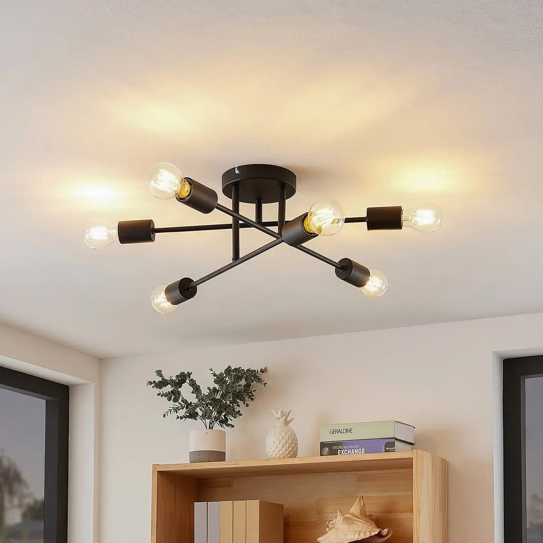 Lindby Deckenleuchte Estar, schwarz, Metall, 6-flg., Ø56cm